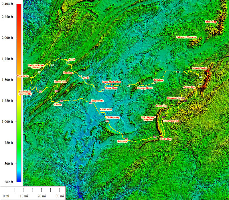 Annotated topocreator map with the Cheaha and Skyway ridge lines visible in the east. (click to enlarge)