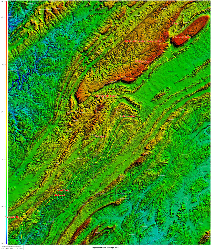 Annotated topocreator map of the race and the route there and back again (click to enlarge).