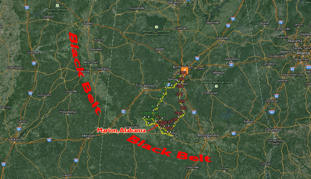 Annotated satellite view of the black belt of Mississippi and Alabama.