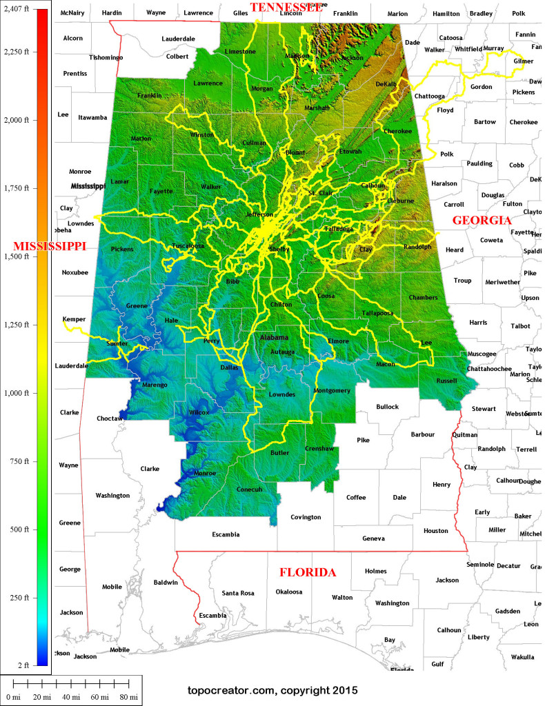 Alabama map showing elevation for the counties I have entered during my 2015 training for the Race Across America (click to enlarge)